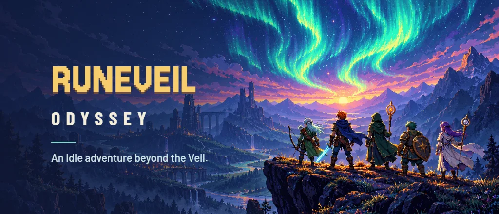Devlog banner for Runeveil Odyssey: Idle RPG: Runeveil Odyssey is live on Google Play: log off, level up
